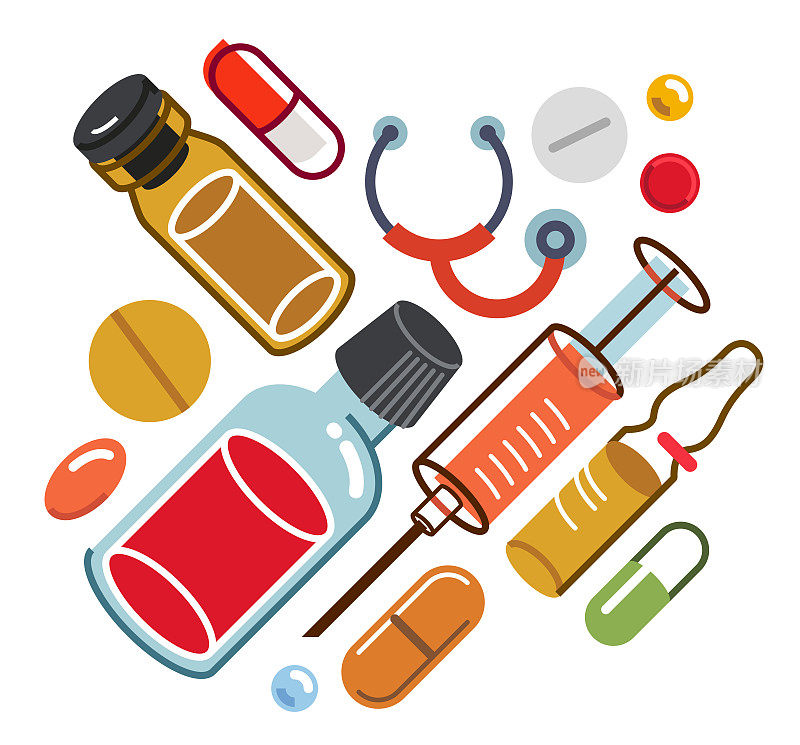 大构图集药物载体平面插画隔离，药房药物药瓶和药丸及安瓿，保健和治疗医学主题设计。