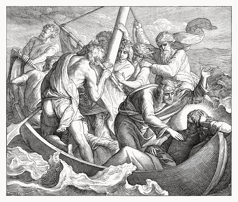 耶稣在暴风雨中睡觉(马太福音第8章)，木刻，1860年出版