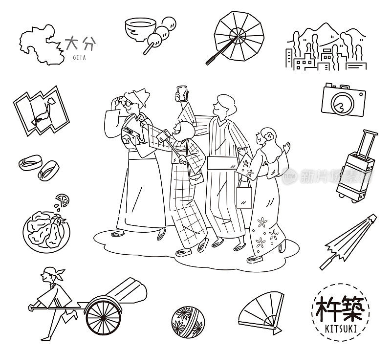 日本大分市Kitsuki著名的观光标志和一组穿着和服的外国游客(线条画(WB))