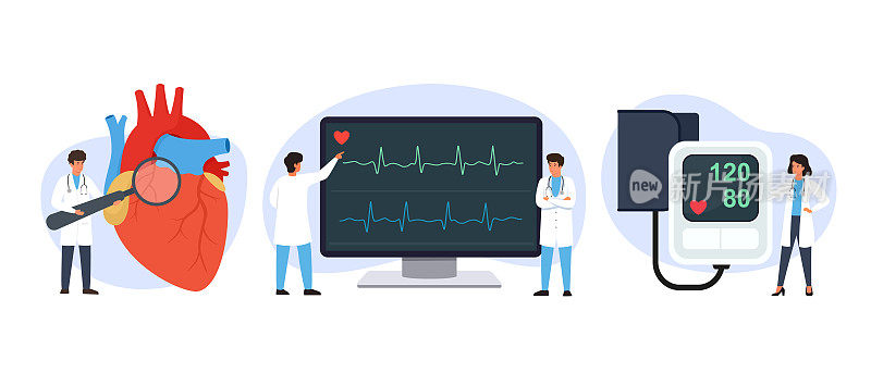 心脏健康检查。心脏病。用心电图检查心脏病。医生用眼压计测量血压。