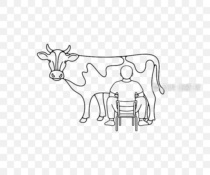 男农民挤奶，农业与农场，线性平面设计。谷仓，牲畜饲养场，牛奶农场和牧场，矢量设计和插图