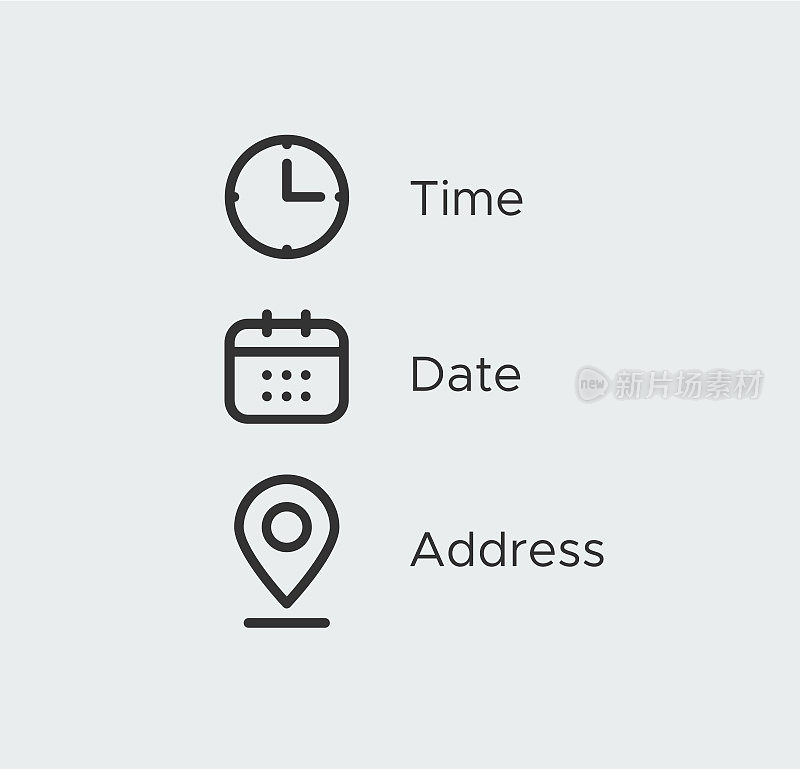 时间，日期，地点地址图标集模板。时钟，日历，位置符号。标识业务矢量设计