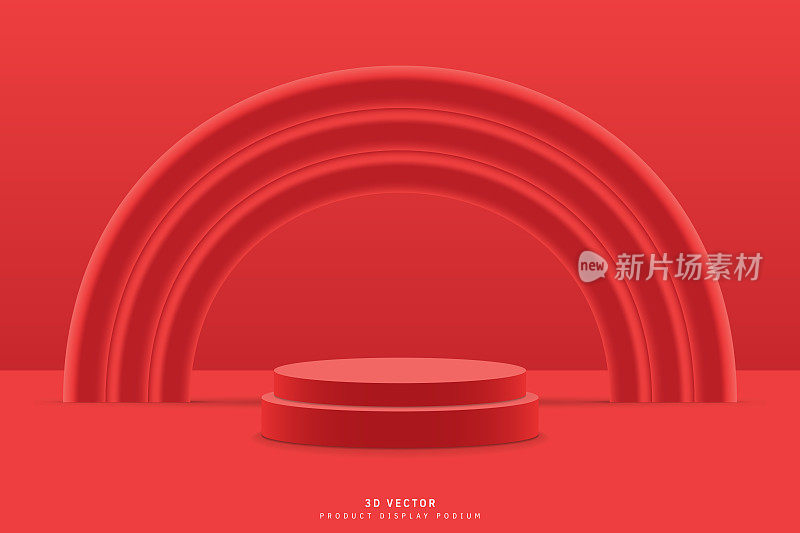 抽象的红色三维圆柱裙台或产品展示展台设计与三个三维圆形背景。清洁工作室房间场景的产品介绍，模型，模板。三维矢量几何形式。