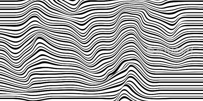 黑白波浪线抽象背景设计。带有视觉错觉的图案。抽象波浪水面背景