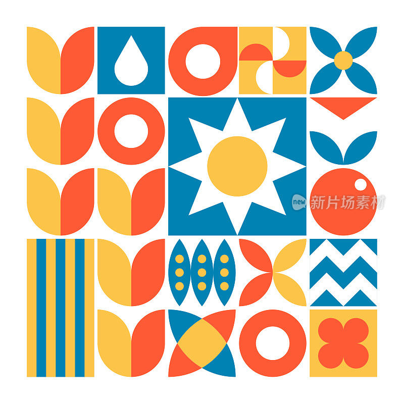 夏季-抽象几何海报-包豪斯形状风格。模式的背景。现代几何网格-矢量色彩艺术设计