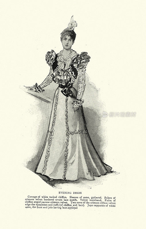19世纪90年代维多利亚时代女性时装，晚礼服，白色雪纺束胸花