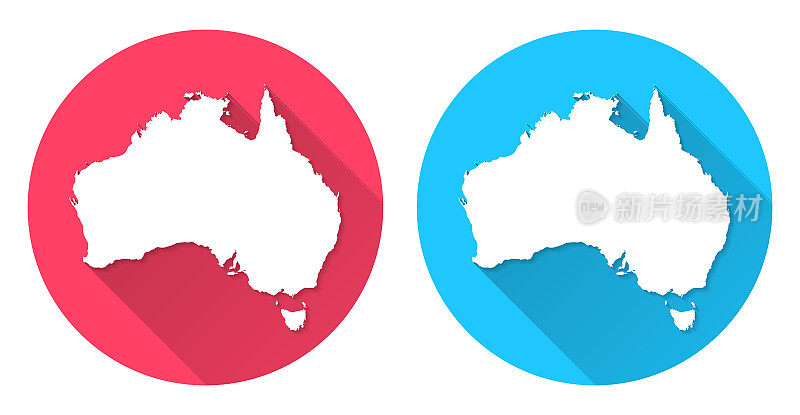 澳大利亚的地图。圆形图标与长阴影在红色或蓝色的背景