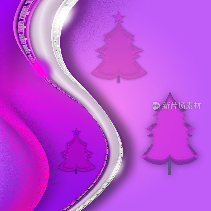 节日豪华粉色阴影背景与装饰丝带的不同形状和圣诞树。
