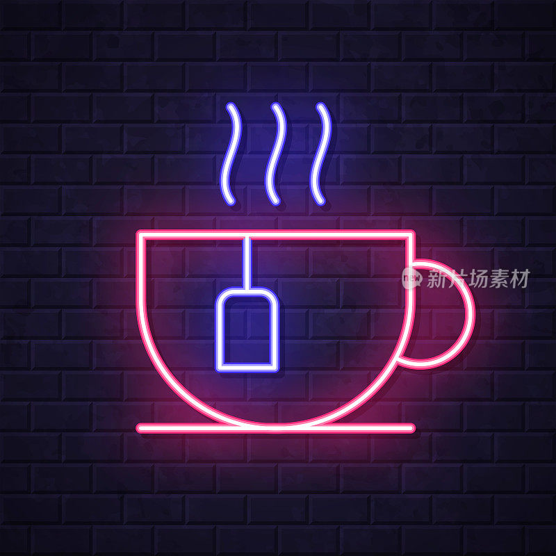 一杯茶。在砖墙背景上发光的霓虹灯图标
