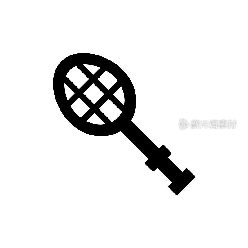 网球拍通用简单固体图标。本图标设计适用于信息图、网页、移动应用、UI、UX和GUI设计。