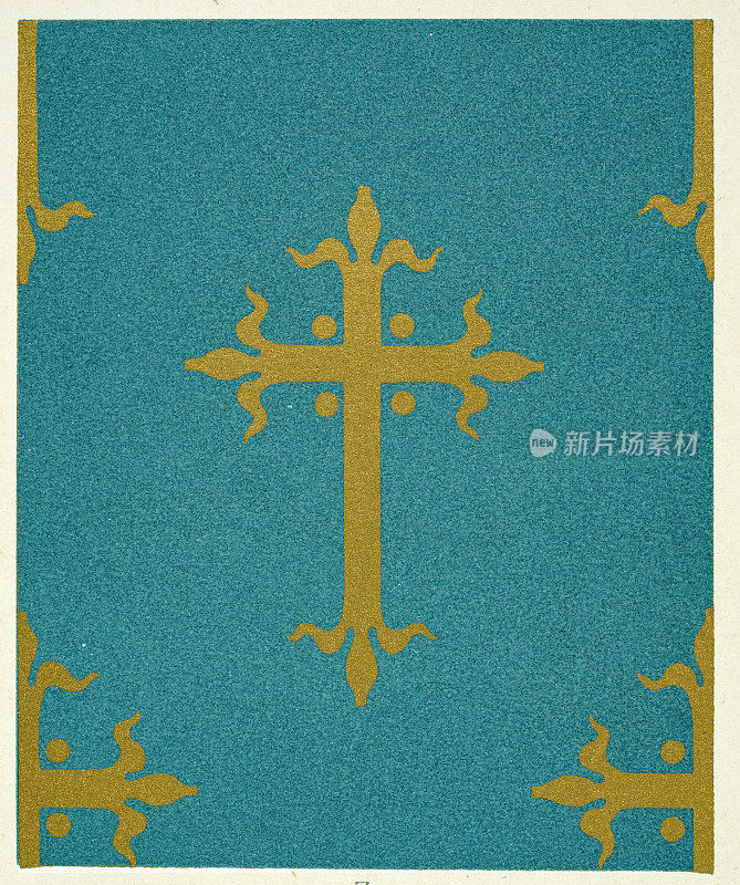 纹章符号，绿松石背景上的金色耶路撒冷十字架，中世纪风格的多色装饰，历史装饰艺术