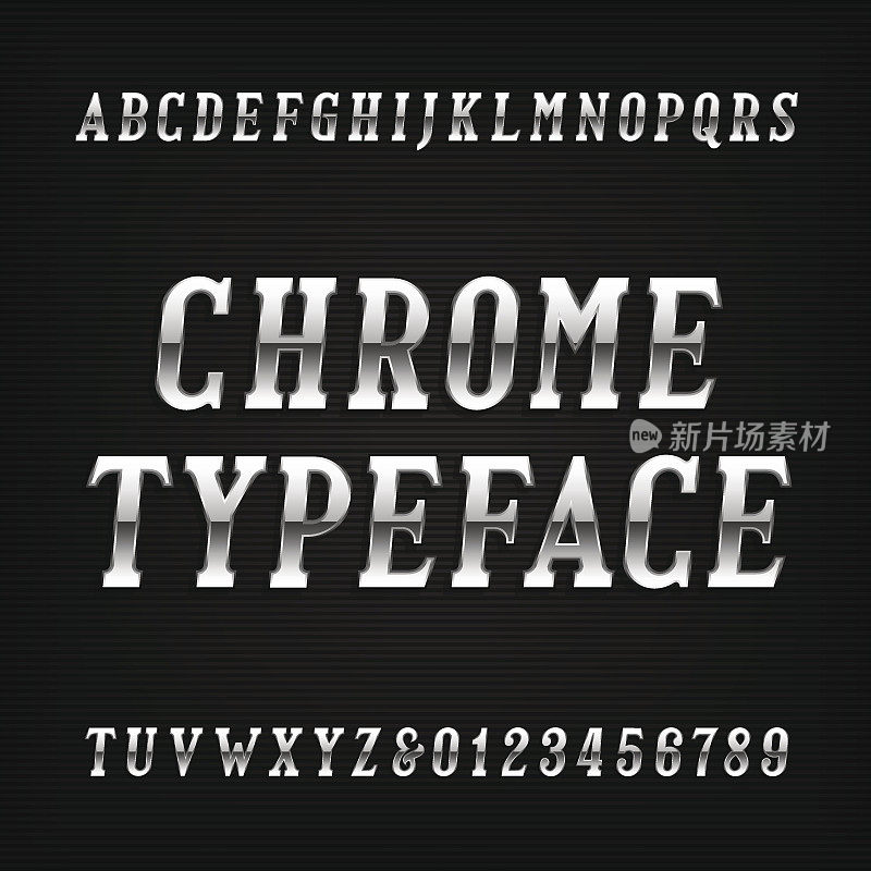Chrome字母字体。金属效果斜体字母和数字。