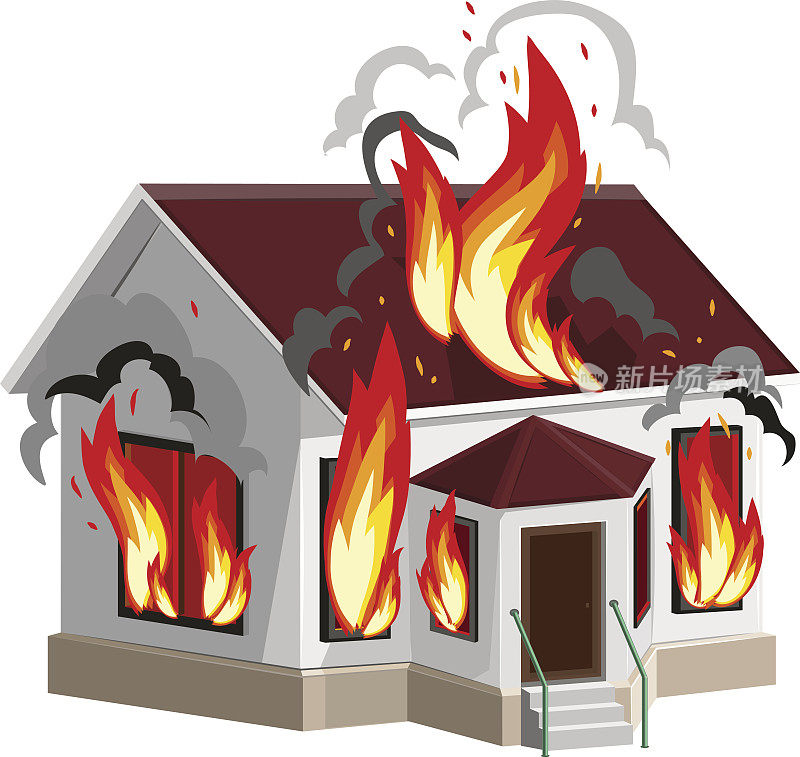 白色的石头房子着火了。财产火灾保险。房屋保险