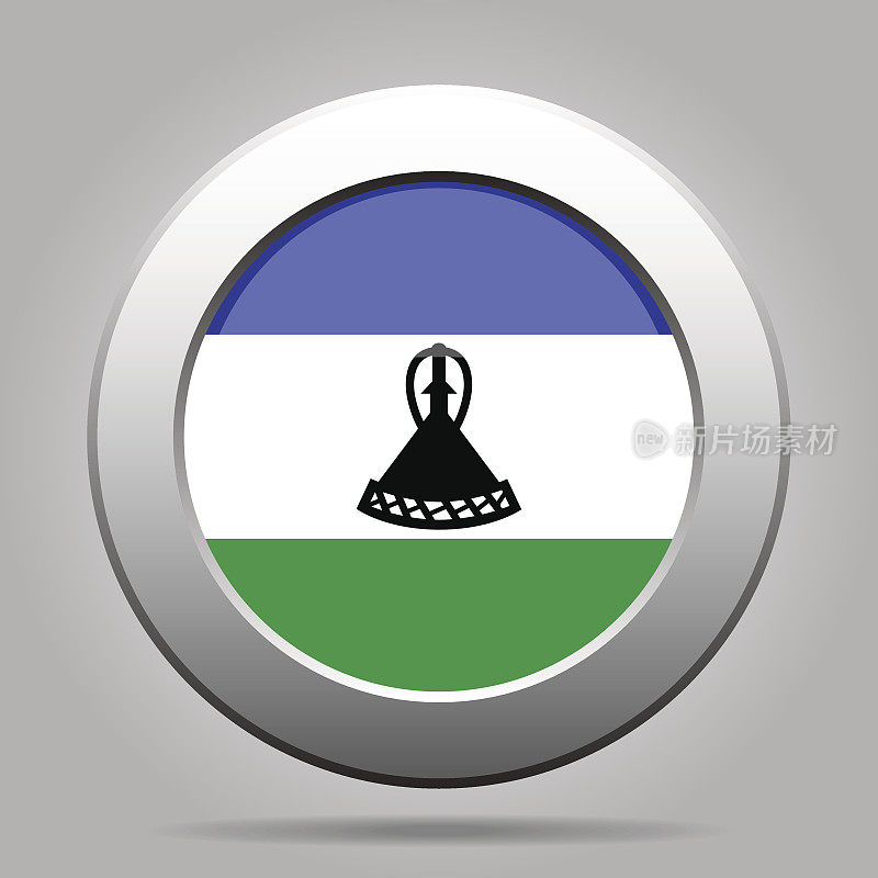 莱索托的旗帜。闪亮的金属灰色圆形按钮。