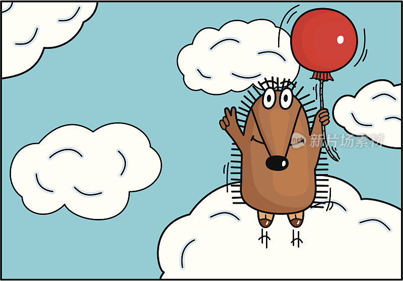 滑稽的刺猬乘着气球在空中飞翔