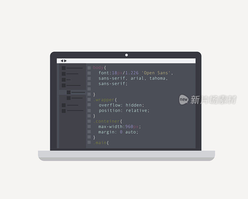 编程和编码的概念。在屏幕笔记本电脑上写代码。平面向量插图