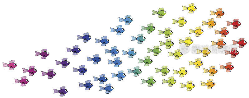 鱼的学校-彩虹色的年轻的鱼队-孤立的矢量漫画插图在白色的背景。