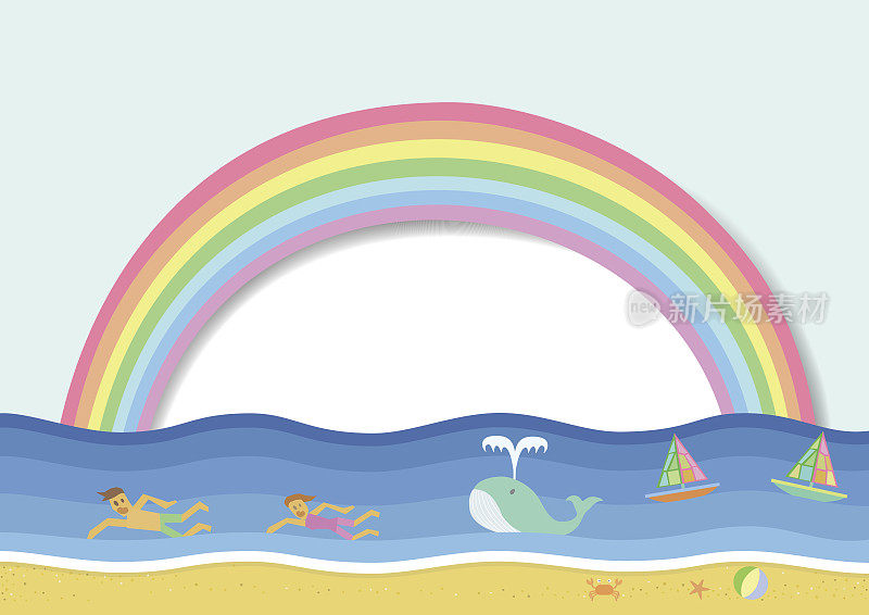 彩虹卡通人物在海里游泳。颜色背景与天空和太阳白色或讲话气泡。