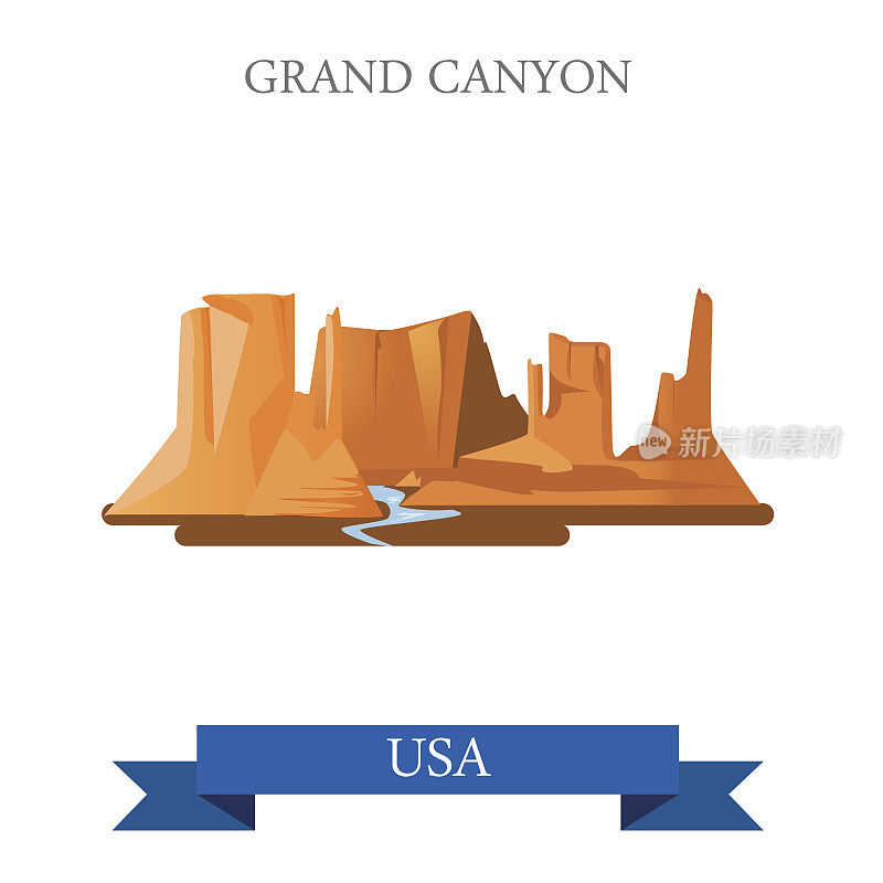 美国亚利桑那州大峡谷国家公园。平面卡通风格的历史景点展示景点网站矢量插图。世界度假旅游观光北美美国收藏