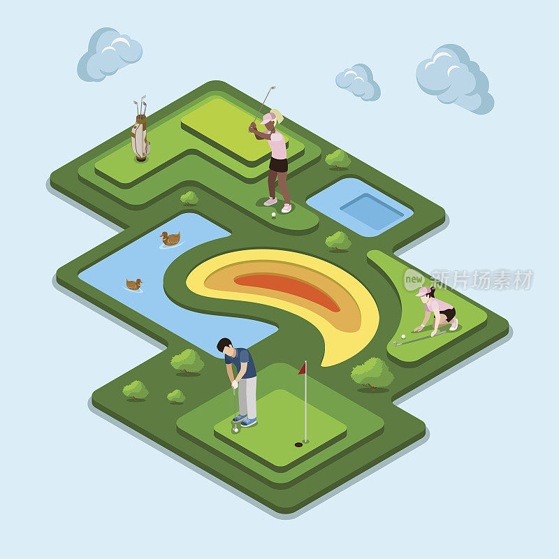 高尔夫球场概念。平面三维等距等距样式网站应用程序图标集概念矢量插图。有创造力的人集合。