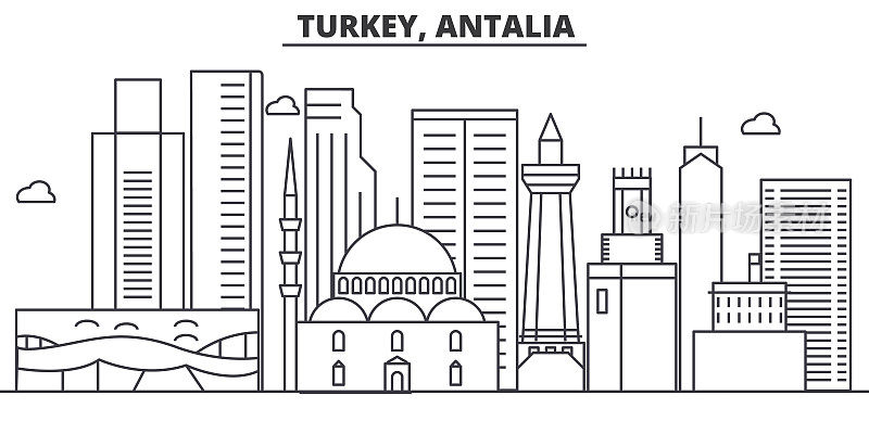 土耳其，安塔利亚建筑线天际线插图。线性向量的城市景观与著名的地标，城市景观，设计图标。风景与可编辑的笔触