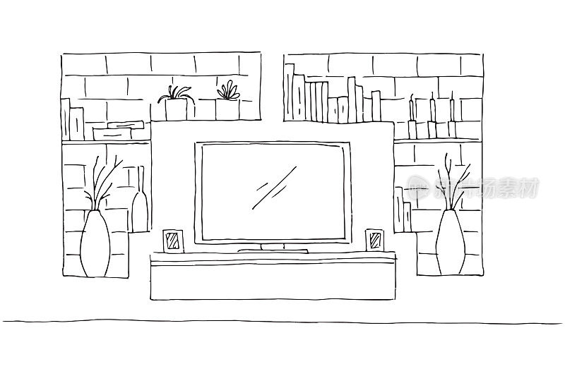 室内的线性草图。有电视和架子的梳妆台。矢量插图。