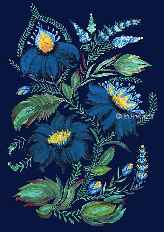 抽象花卉拼贴在乌克兰民间绘画风格的Petrykivka。深蓝色手绘的梦幻花朵，叶子，卷曲的树枝在深蓝色的背景上。蜡染，填页，专辑封面，海报，t恤印花
