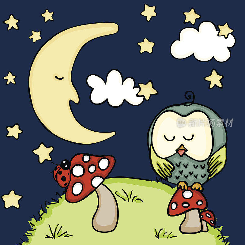 可爱的猫头鹰在蘑菇在晚上的背景