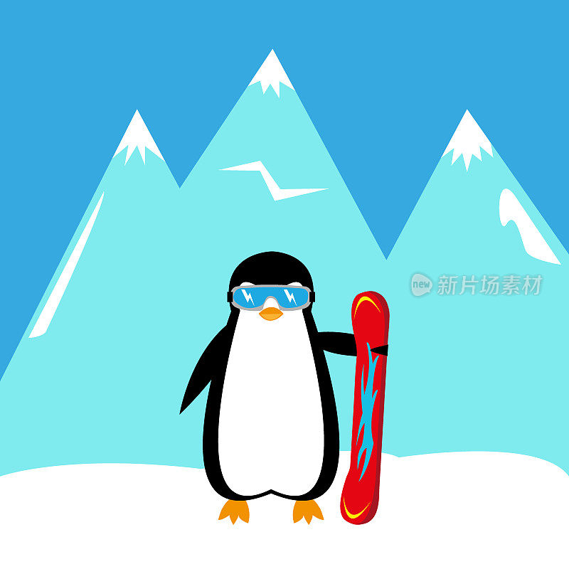卡通企鹅滑雪