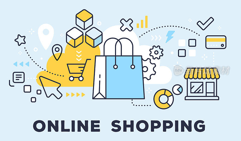 矢量插图购物手袋，商店和图标。网上购物概念上的蓝色背景与标题。