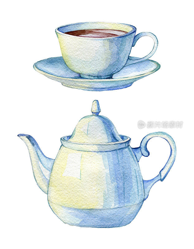 手绘水彩茶杯和茶壶在一个白色的背景。