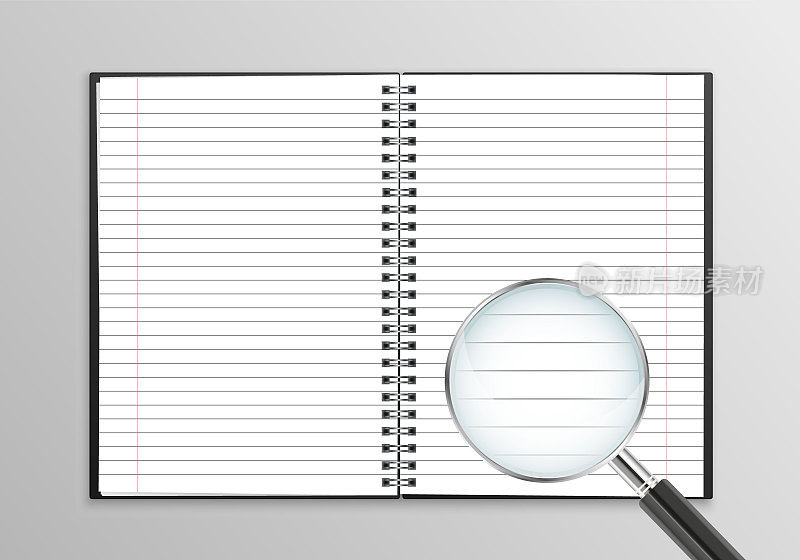 矢量现实打开笔记本与放大镜孤立在灰色背景