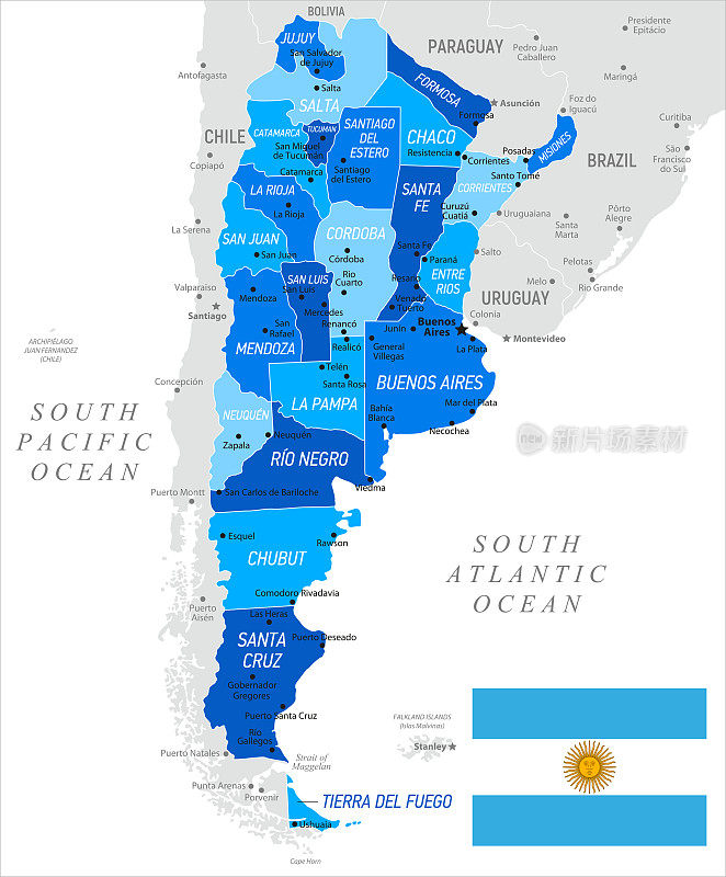 带有国旗和省份的阿根廷地图。矢量图