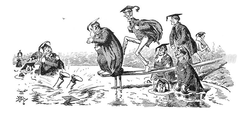 英国讽刺漫画卡通插图-男人游泳在毕业帽和长袍-插图