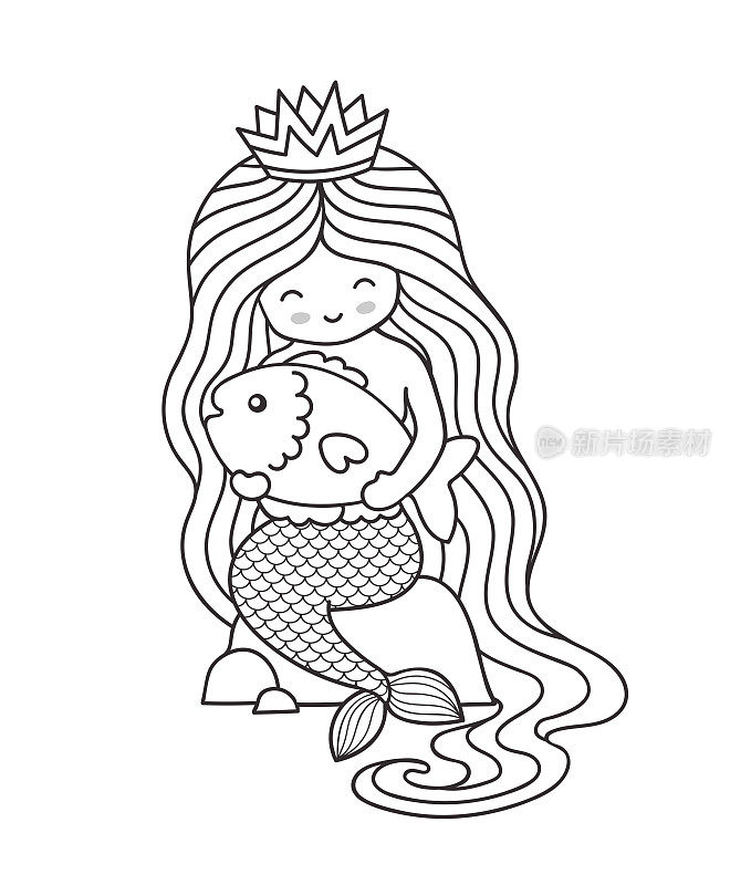美人鱼。小皇后戴着皇冠，长着美丽的头发，坐在一块岩石上，抱着一条大鱼。