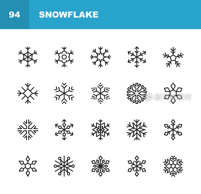 雪花图标。可编辑的中风。像素完美。移动和网络。包含雪，雪花，圣诞装饰，装饰等图标。