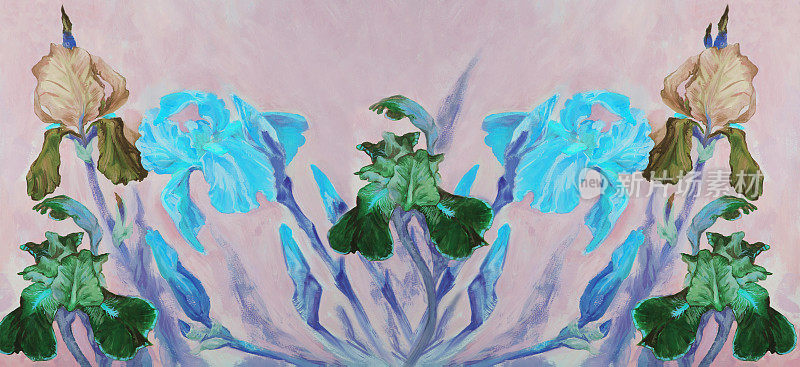 时尚复古的插画寓言的春天的艺术作品油画印象派原始水平象征性的装饰景观盛开的蓝色和紫色的鸢尾花在一个微妙的背景苍白的天空