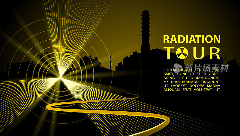 黄色的辐射射线作为放射性危险的象征与通往核电站的道路。向量辐射旅游旗帜与切尔诺贝利核电站剪影