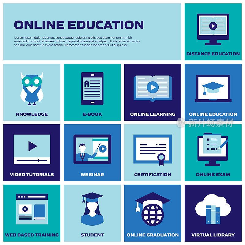 电子学习，在线教育，家庭教育相关的平面图标。标志矢量图