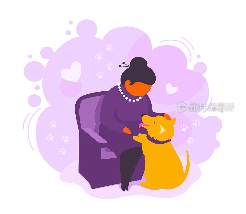一位年长的成年妇女抚摸着她的狗。优雅的退休女士喜欢她的宠物。一位上了年纪的小狗主人坐在扶手椅上。