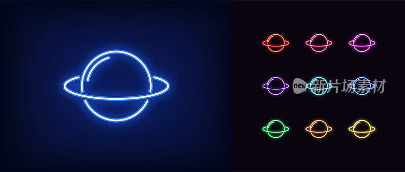 霓虹灯地球图标。发光的氖行星标志与环，土星
