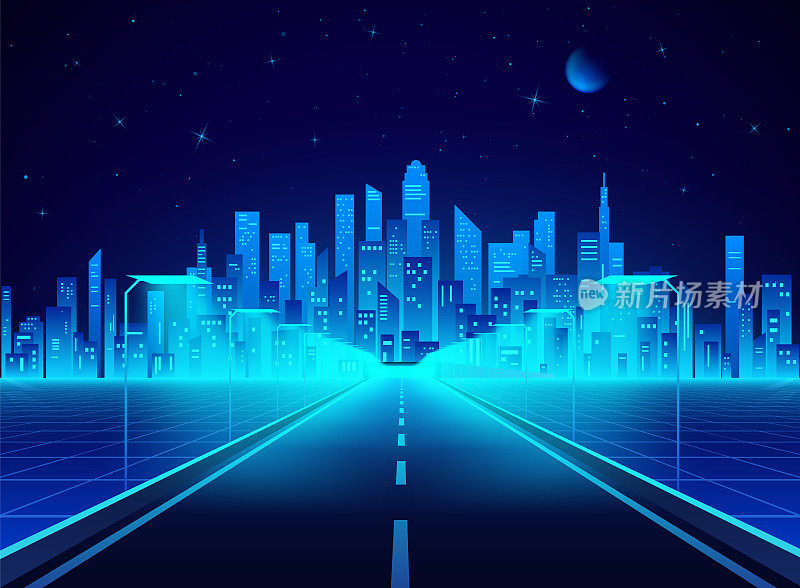 蓝色的霓虹复古城市景观。通往赛博朋克未来小镇的高速公路。科幻背景的抽象数字建筑。矢量图