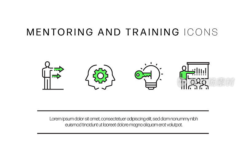 指导和培训相关的直线图标。轮廓向量符号插图。