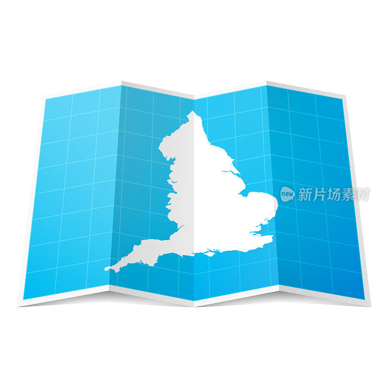 折叠的英格兰地图，孤立在白色背景上