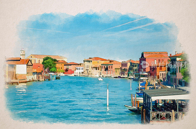 水彩画慕拉诺岛水渠与圣玛丽亚德吉利教堂，船只和摩托艇，传统建筑，威尼斯泻湖