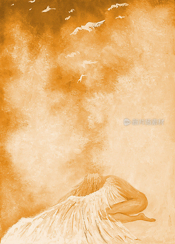 插图油画肖像的女人与长头发的形式的守护天使与翅膀保护她的孩子在背景在阳光和晴朗的天空的深褐色色调