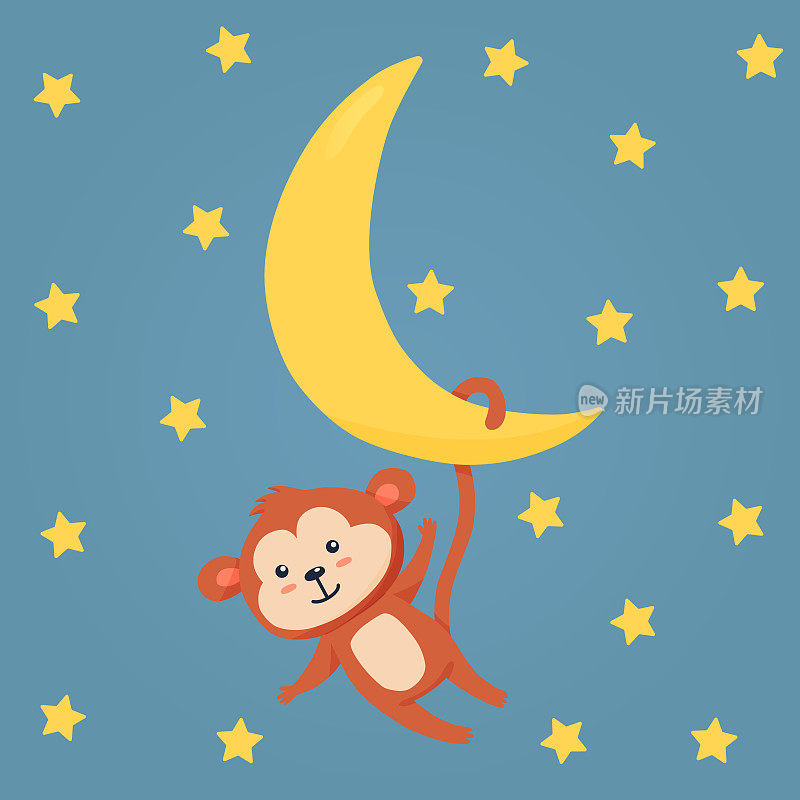 一只可爱的猴子挂在月亮上。明信片插图，托儿所，印刷和更多。