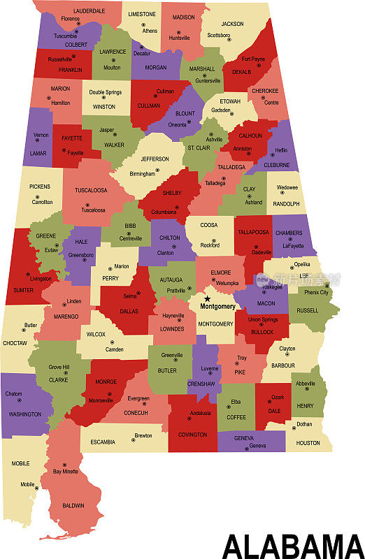彩色的平坦地图的阿拉巴马州与县美国