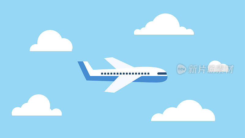 被云包围的飞机在天空中飞行。航空运输或航空旅行概念。平的风格。矢量图