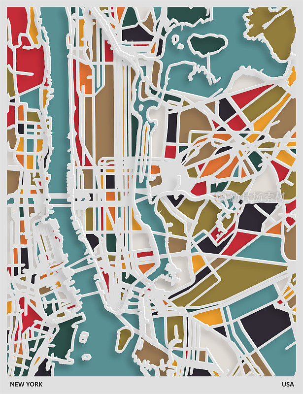 彩色剪纸风格的地图海报背景，美国纽约